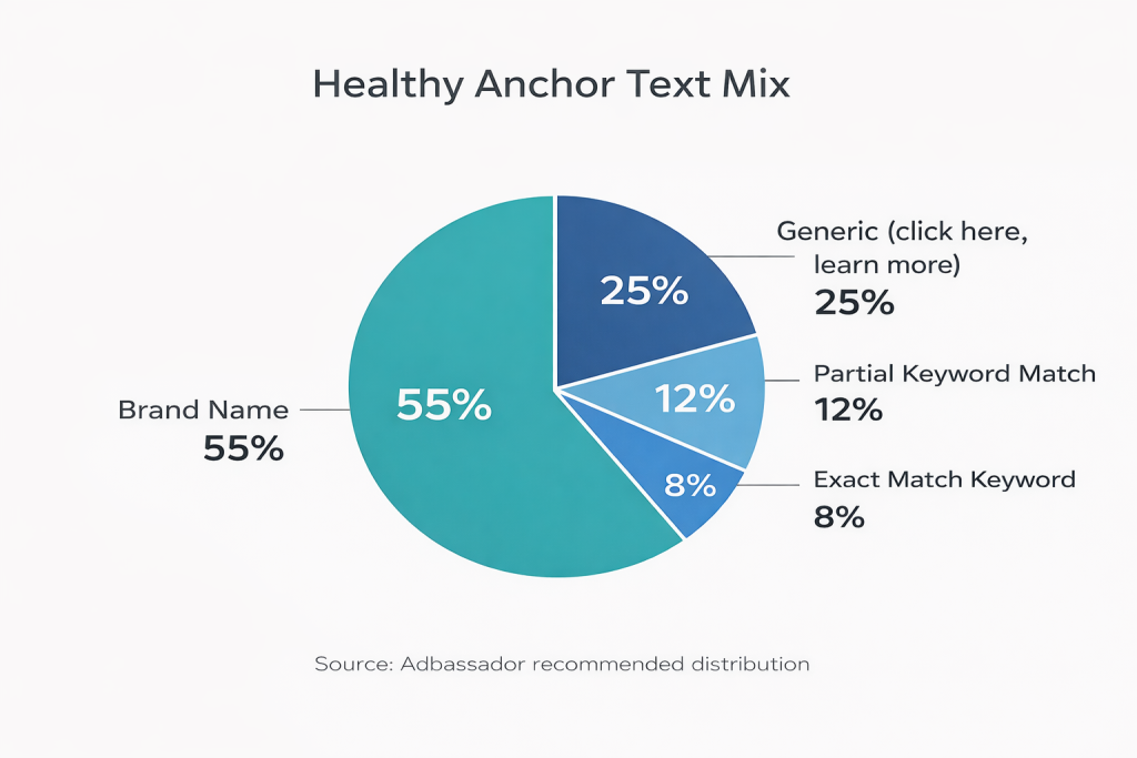 Pie chart showing recommended anchor text distribution: 50-60% brand name, 20-30% generic phrases, 10-15% partial match keywords, 5-10% exact match keywords